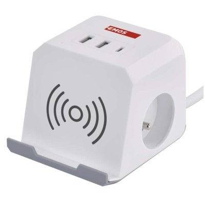 P0212CQ Predlžovací kábel - kocka 2 m / 2 zásuvky / biely / 2×USB-A + 1×USB-C+Qi / 1,5 mm2