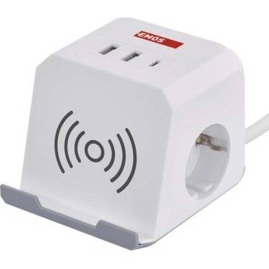 P0222CQ Predlžovací kábel - kocka 2 m / 2 zásuvky / biely / 2×USB-A+1×USB-C+Qi / 1,5 mm2